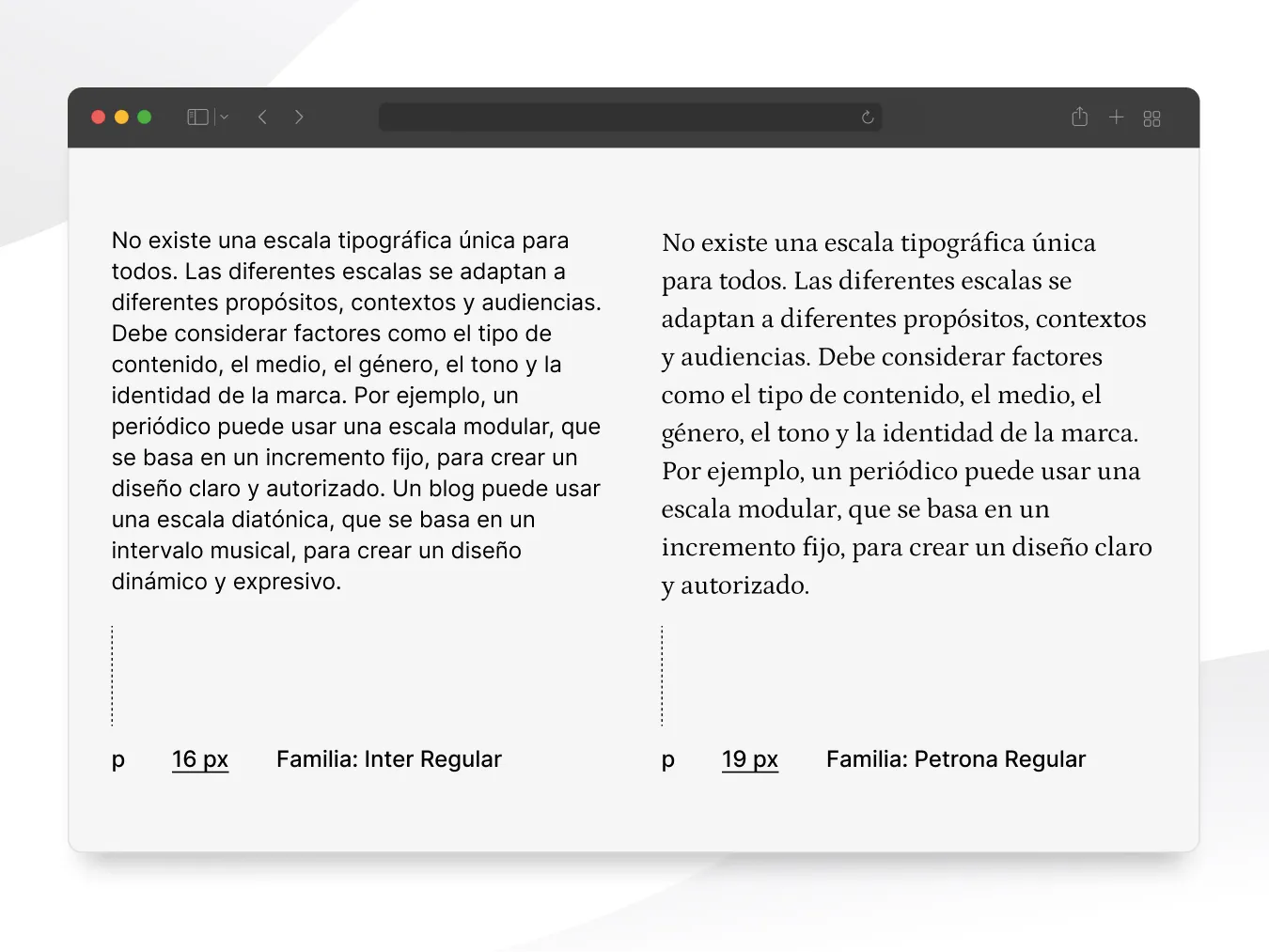 Tamaño de párrafo base según la fuente. La imagen muestra dos ejemplos de tamaños de fuente en párrafos: 16px y 19px
